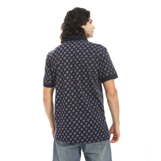 Navy Printed Regular Fit Polo Shirt - تي شيرت بولو مطبوع بقصة عادية