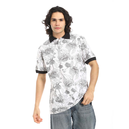 White Printed Regular Fit Polo Shirt - تي شيرت بولو مطبوع بقصة عادية