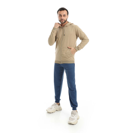 Beige Casual Set of Zip-up Hoodie & Jogger