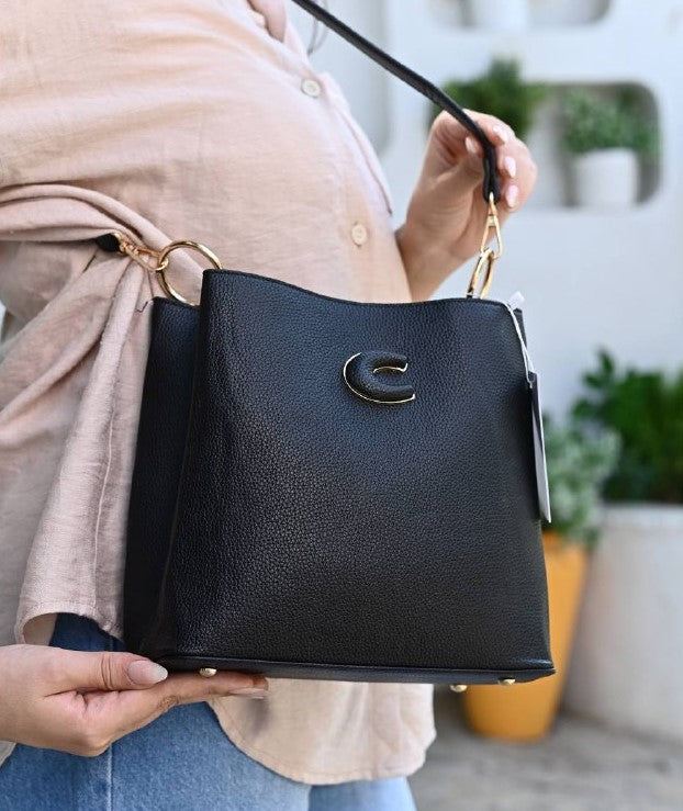 Black Textured Leather Crossbody Bag