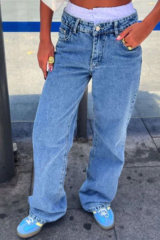 بنطال جينز أزرق بخصر بوكسر وساق مستقيمة