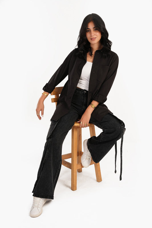 قميص بوبلين مع جيب على الصدر