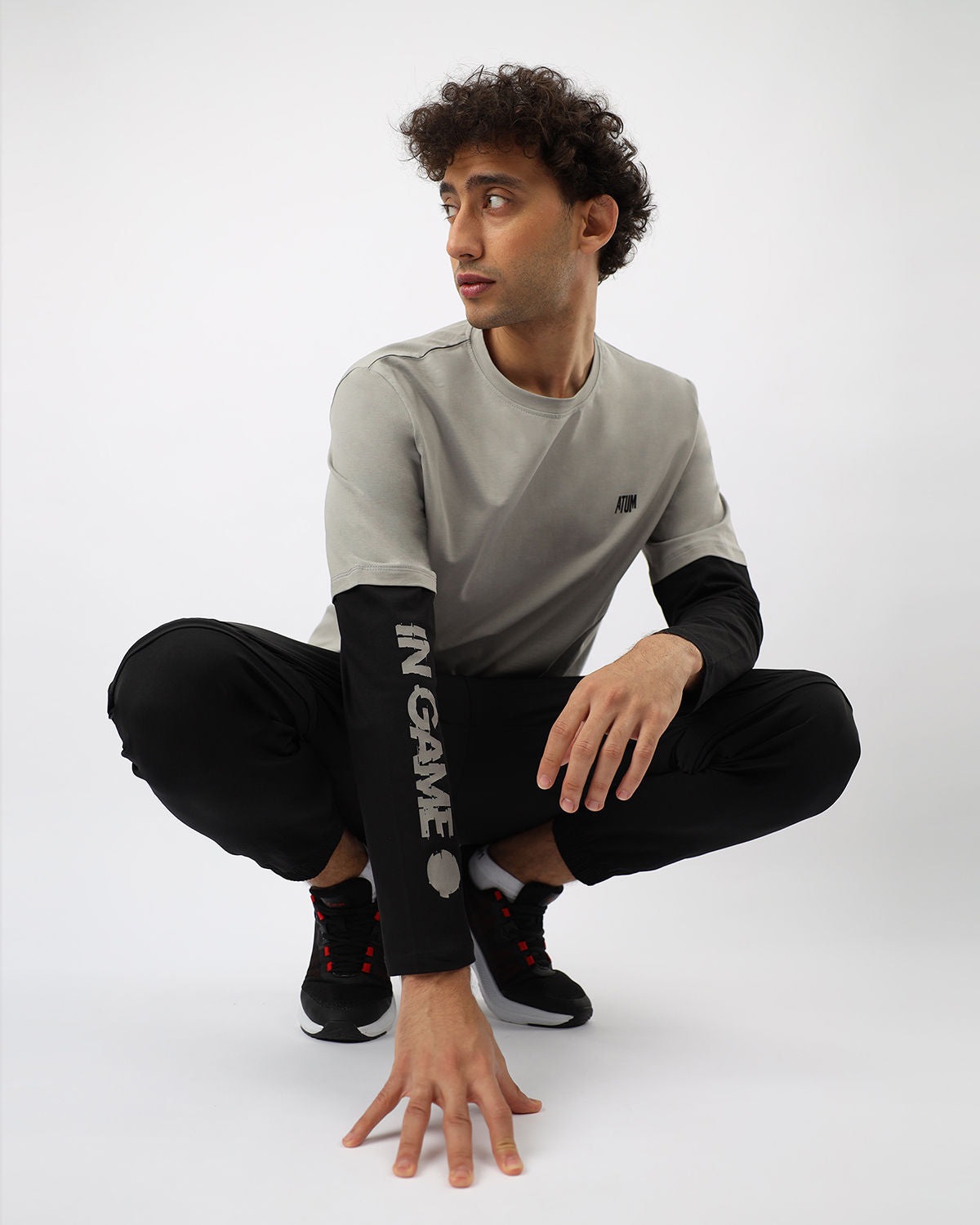 Gray Long Sleeve Cotton T-Shirt - تي شيرت قطني بأكمام طويلة باللون الرمادي