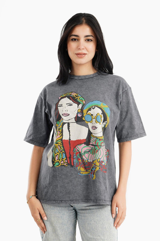 تي شيرت صالة برسومات أمامية رمادية داكنة