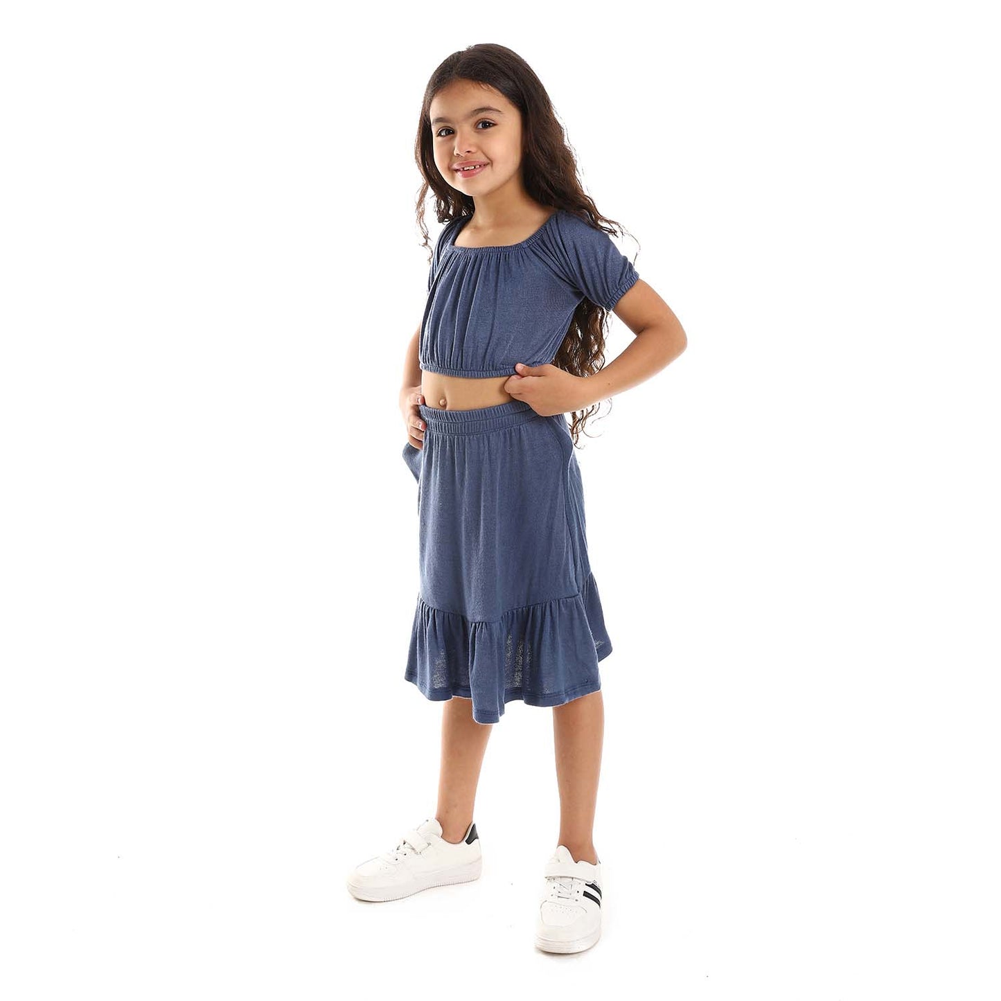 Girls Solid Puffed Short Sleeves Set