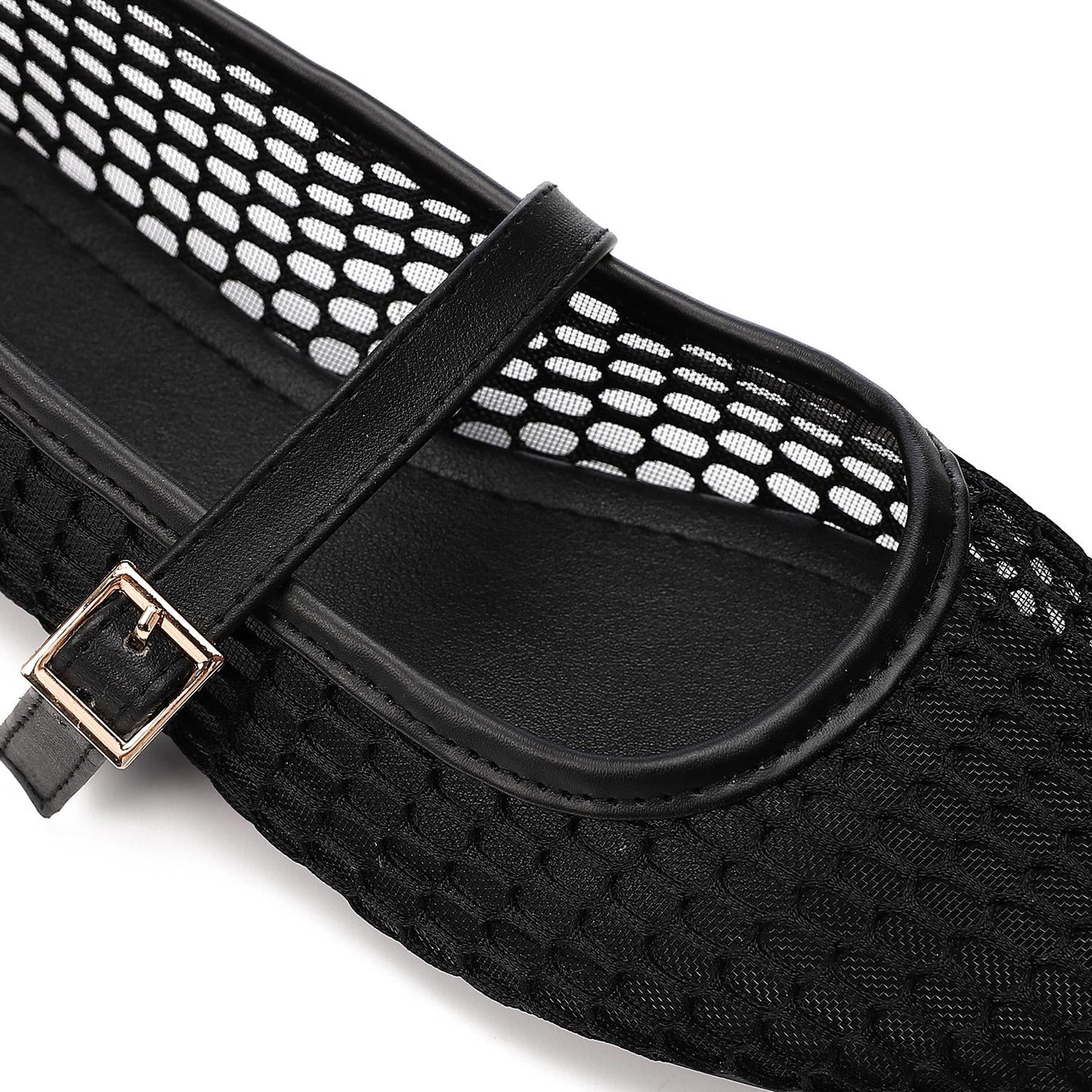 Black Mesh Flat Shoes with Front Buckle