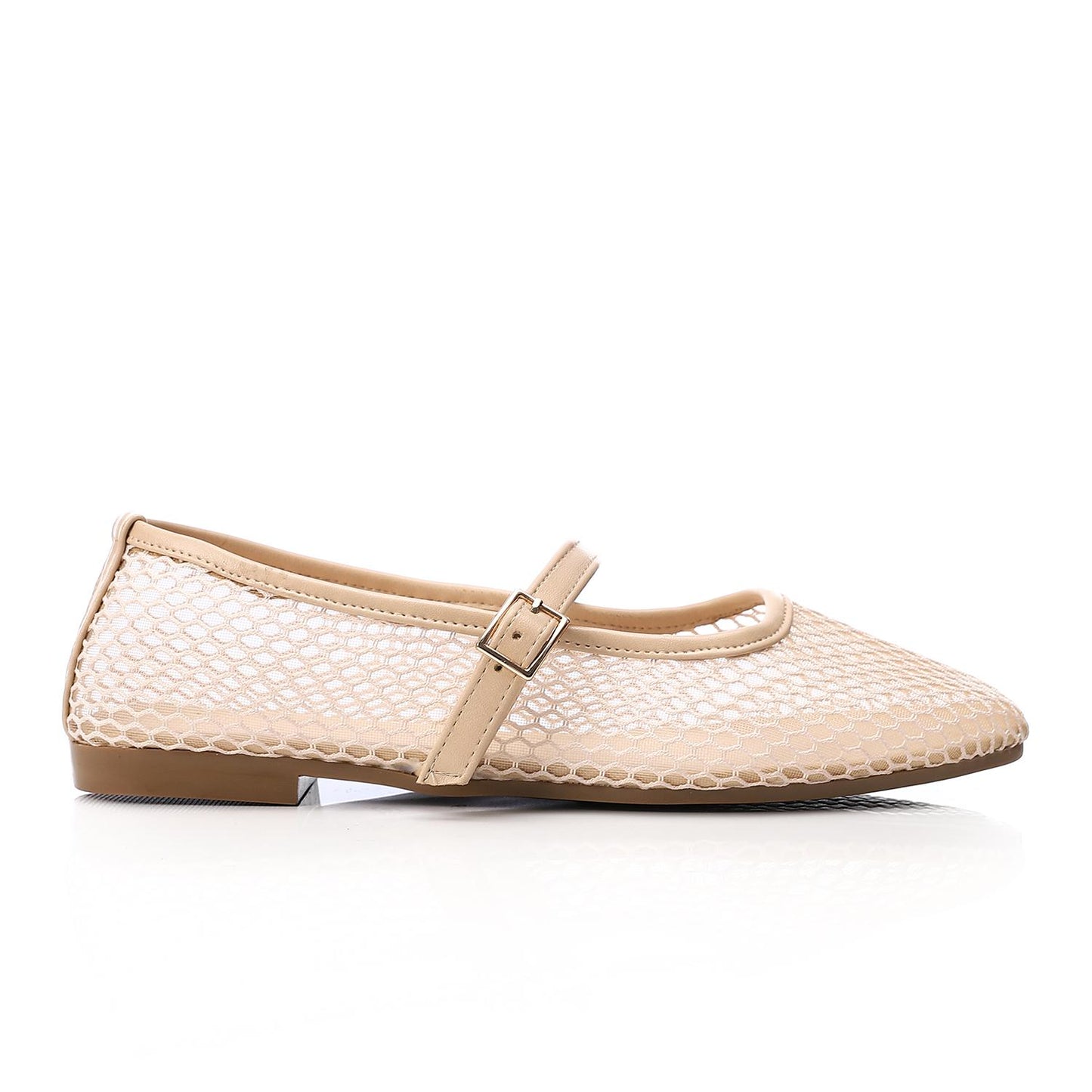 Beige Mesh Flat Shoes with Front Buckle