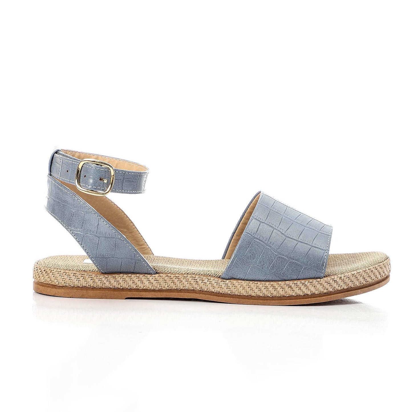 Steel Blue Textured Leather Flat Sandal