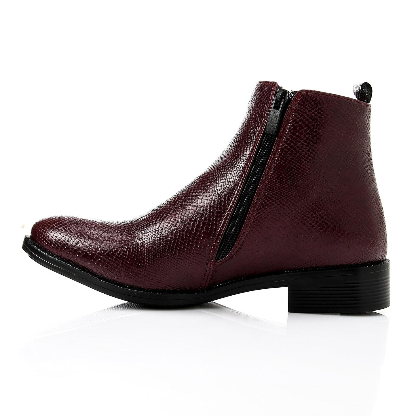 Burgundy Textured Leather Ankle Boot