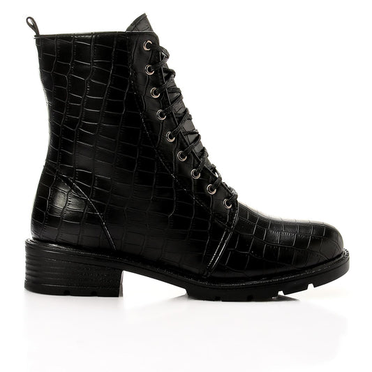 Black Textured Leather Half Boot