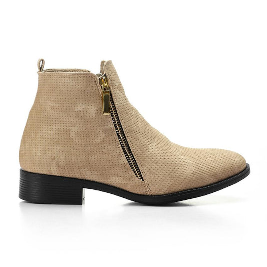 Beige Textured Leather Ankle Boot