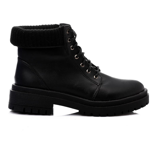 Leather Boot with Ribbed Knit Collar