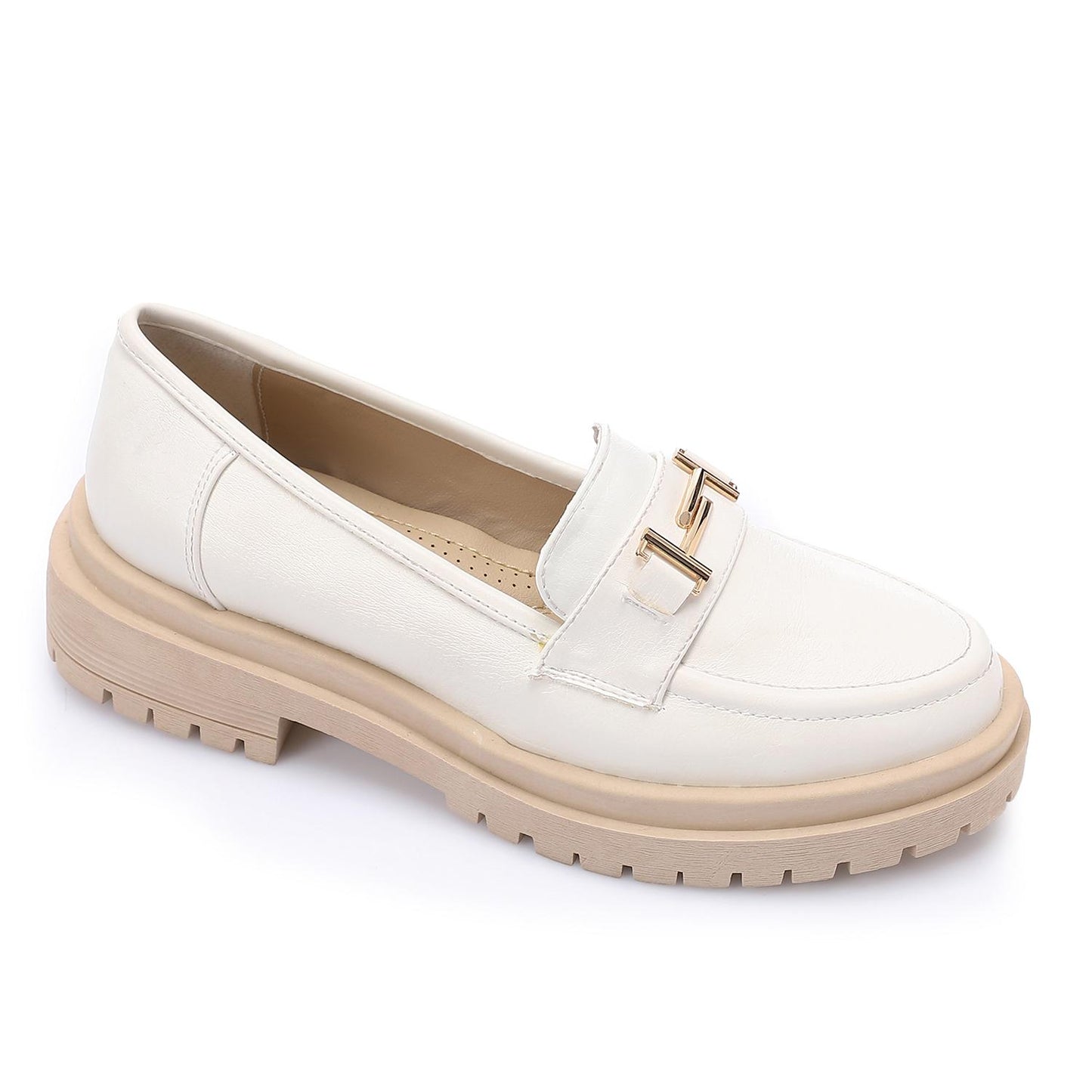 White Golden Detail Chunky Heel Loafer