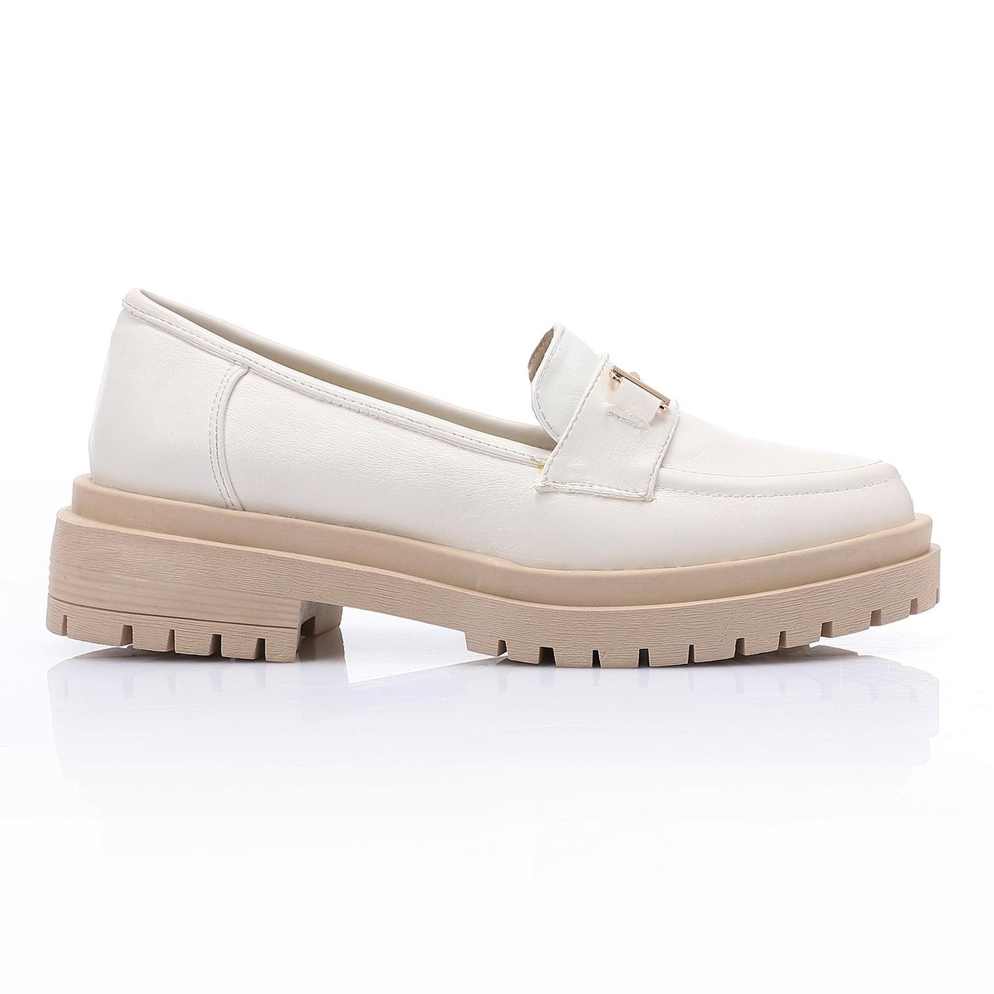 White Golden Detail Chunky Heel Loafer