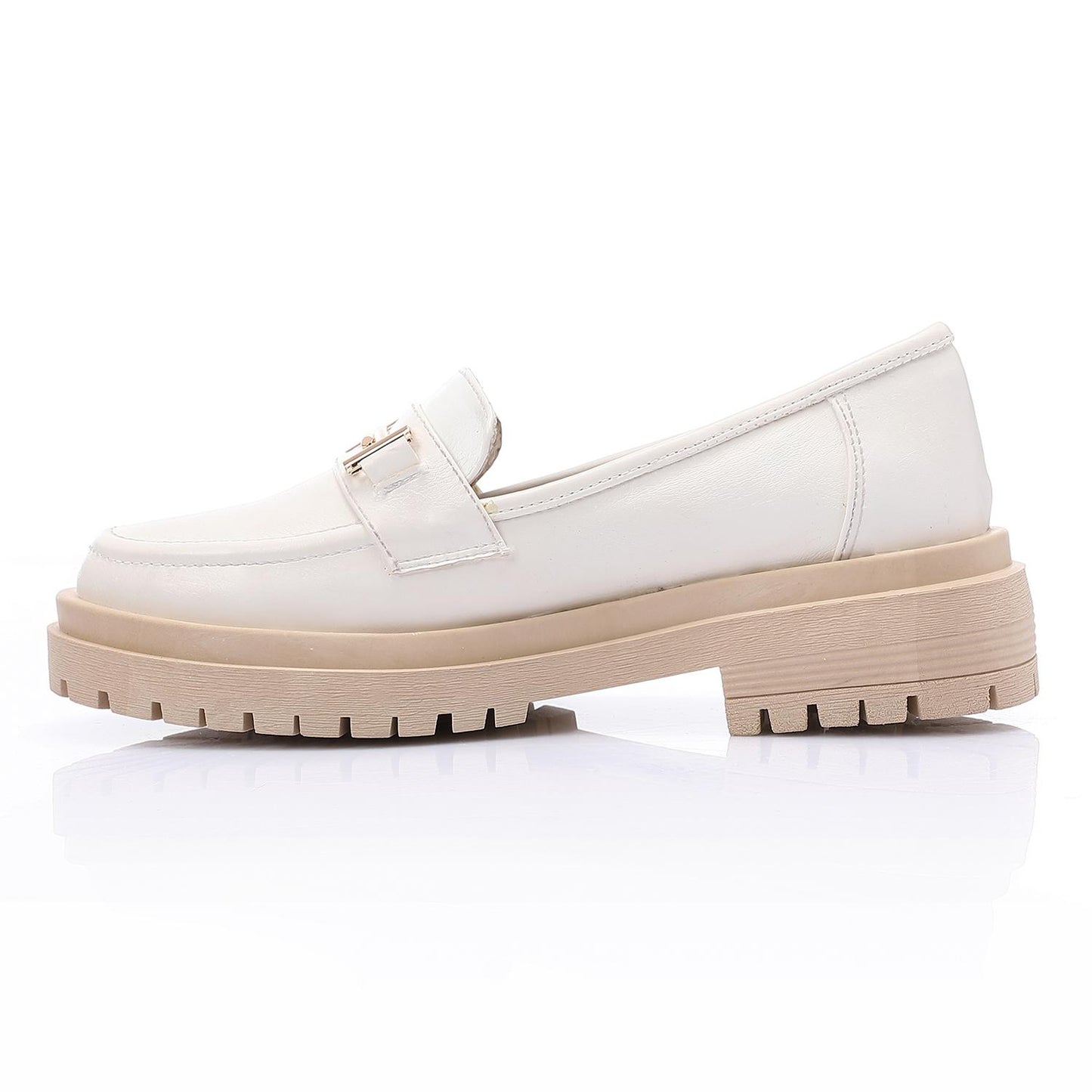 White Golden Detail Chunky Heel Loafer