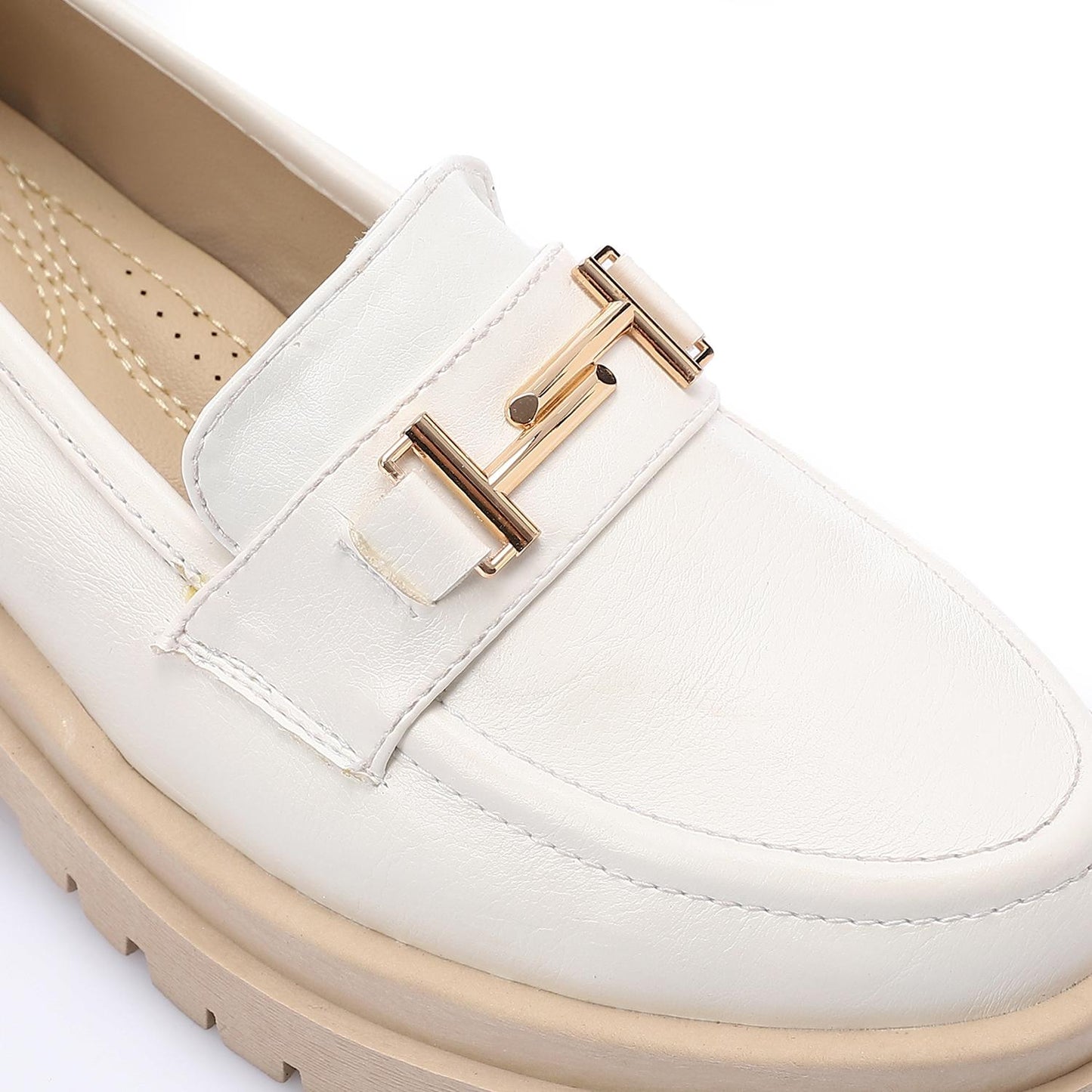 White Golden Detail Chunky Heel Loafer