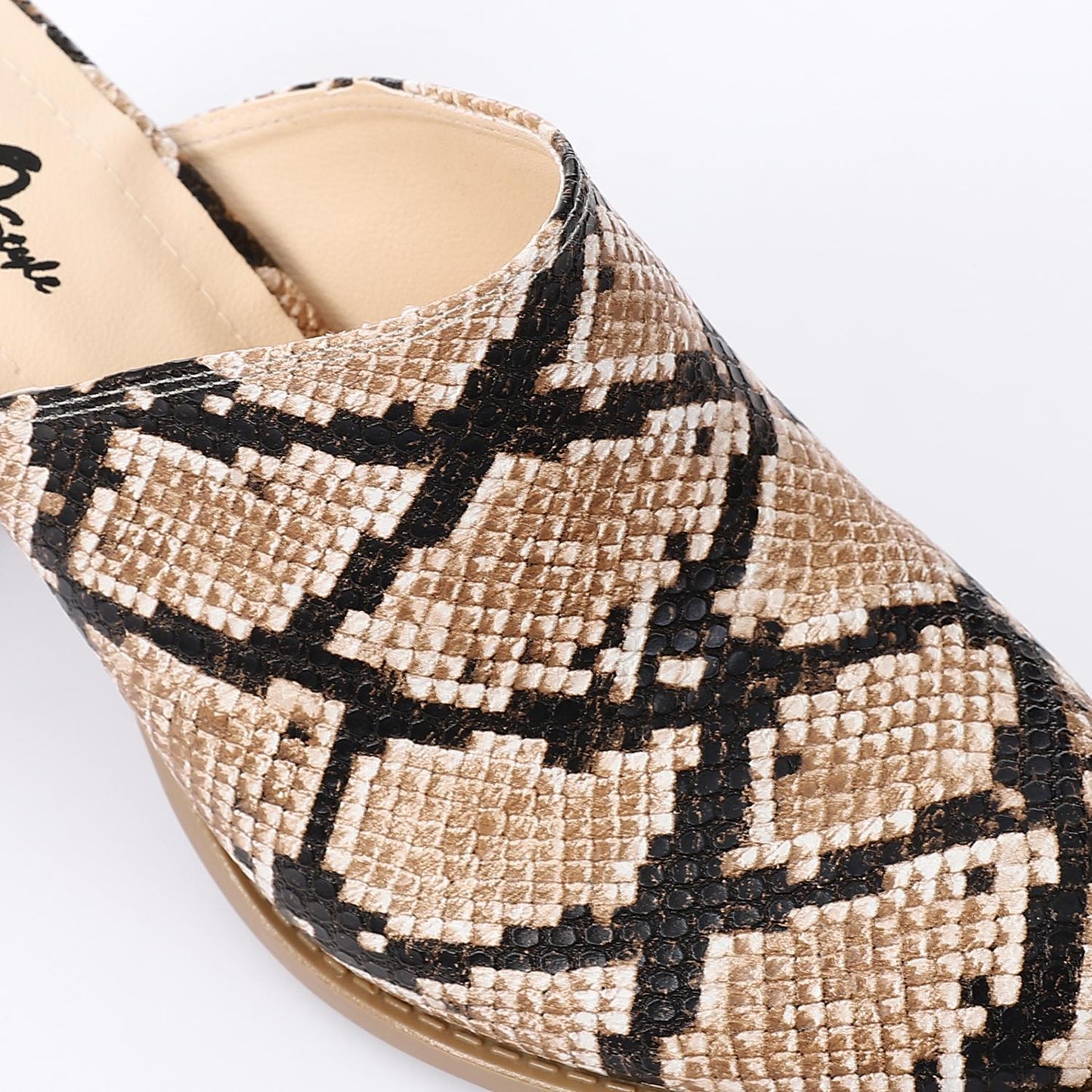 Beige Self-Printed Leather Heeled Mules