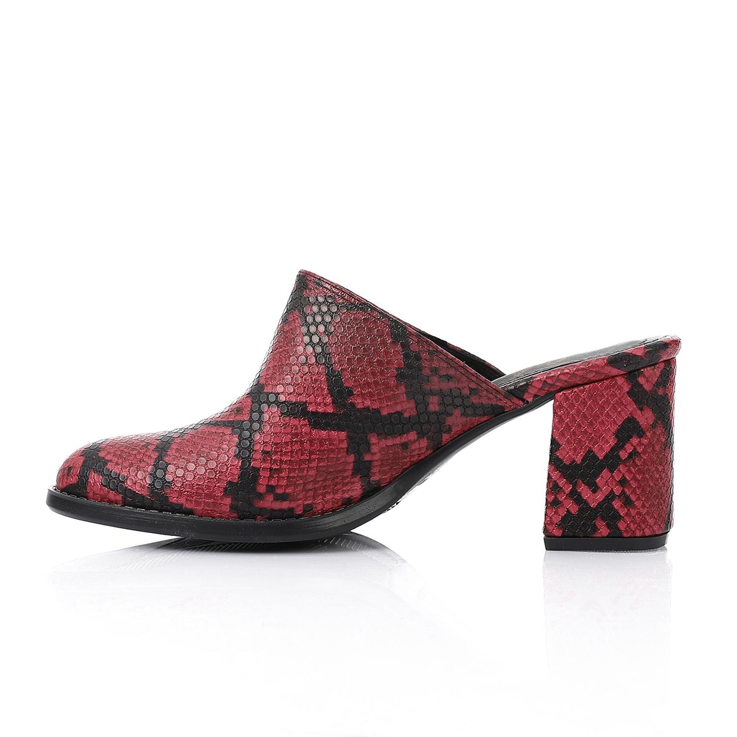 Burgundy Self-Printed Leather Heeled Mules