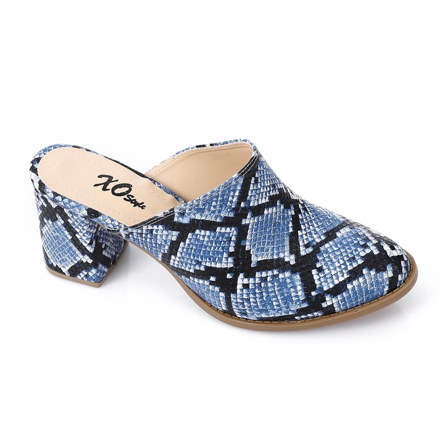 Navy Self-Printed Leather Heeled Mules