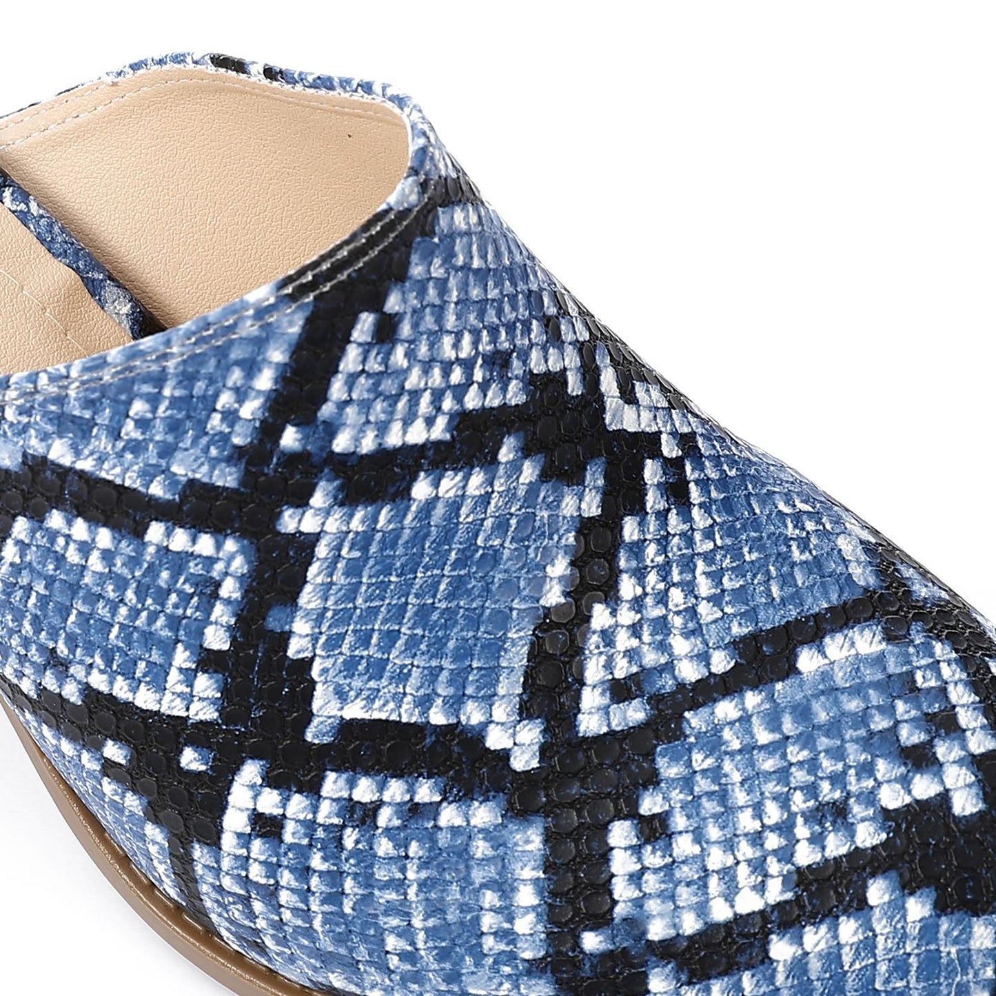 Navy Self-Printed Leather Heeled Mules