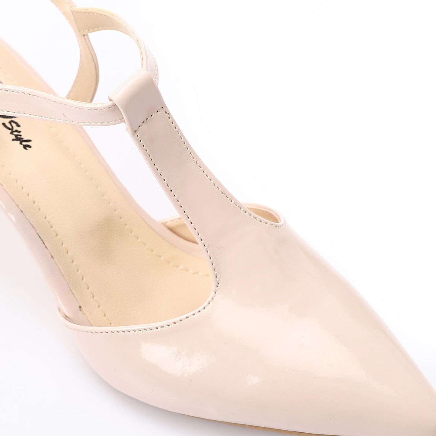 Shiny Beige T-Strap Heeled Shoes