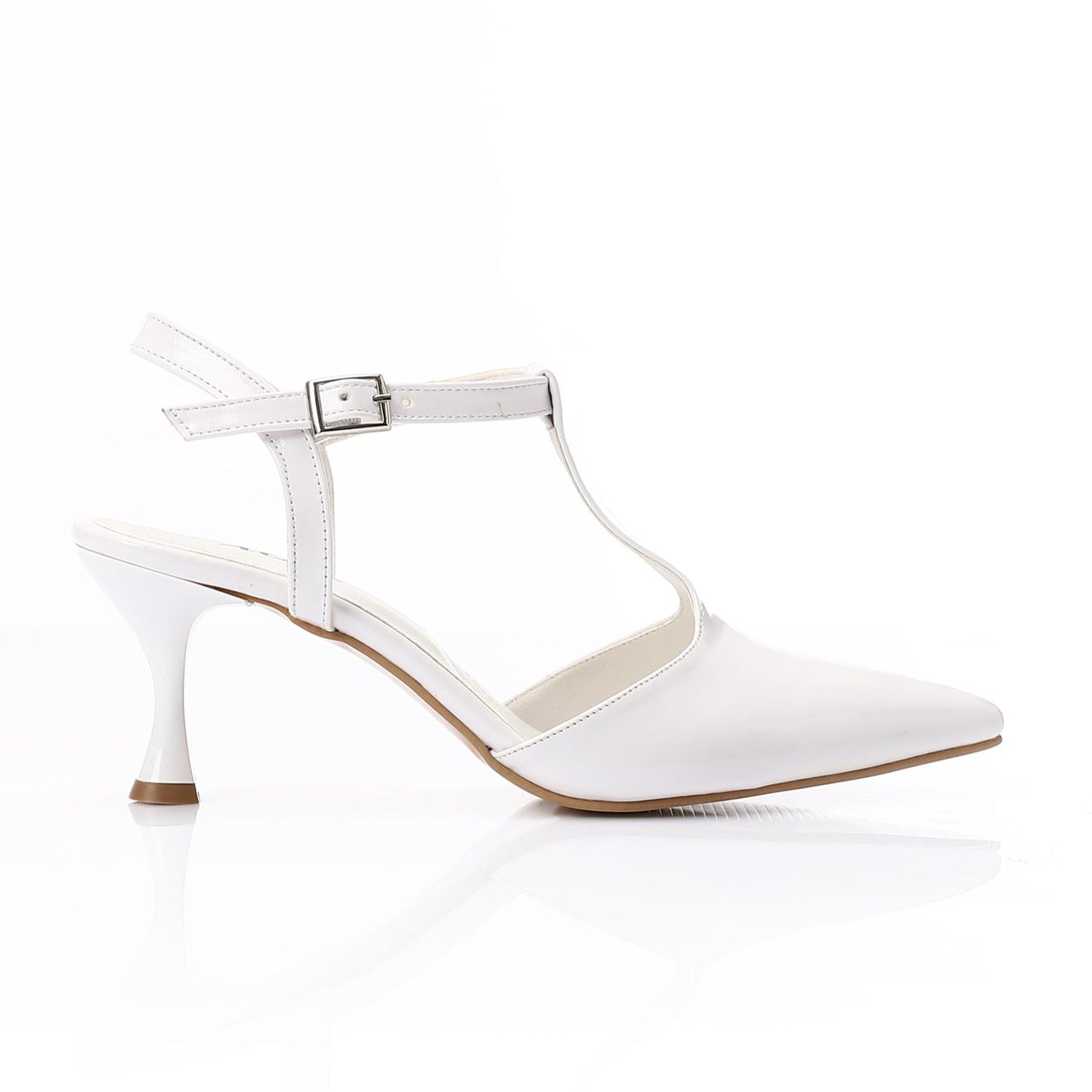 Glossy White T-Strap Heeled Shoes