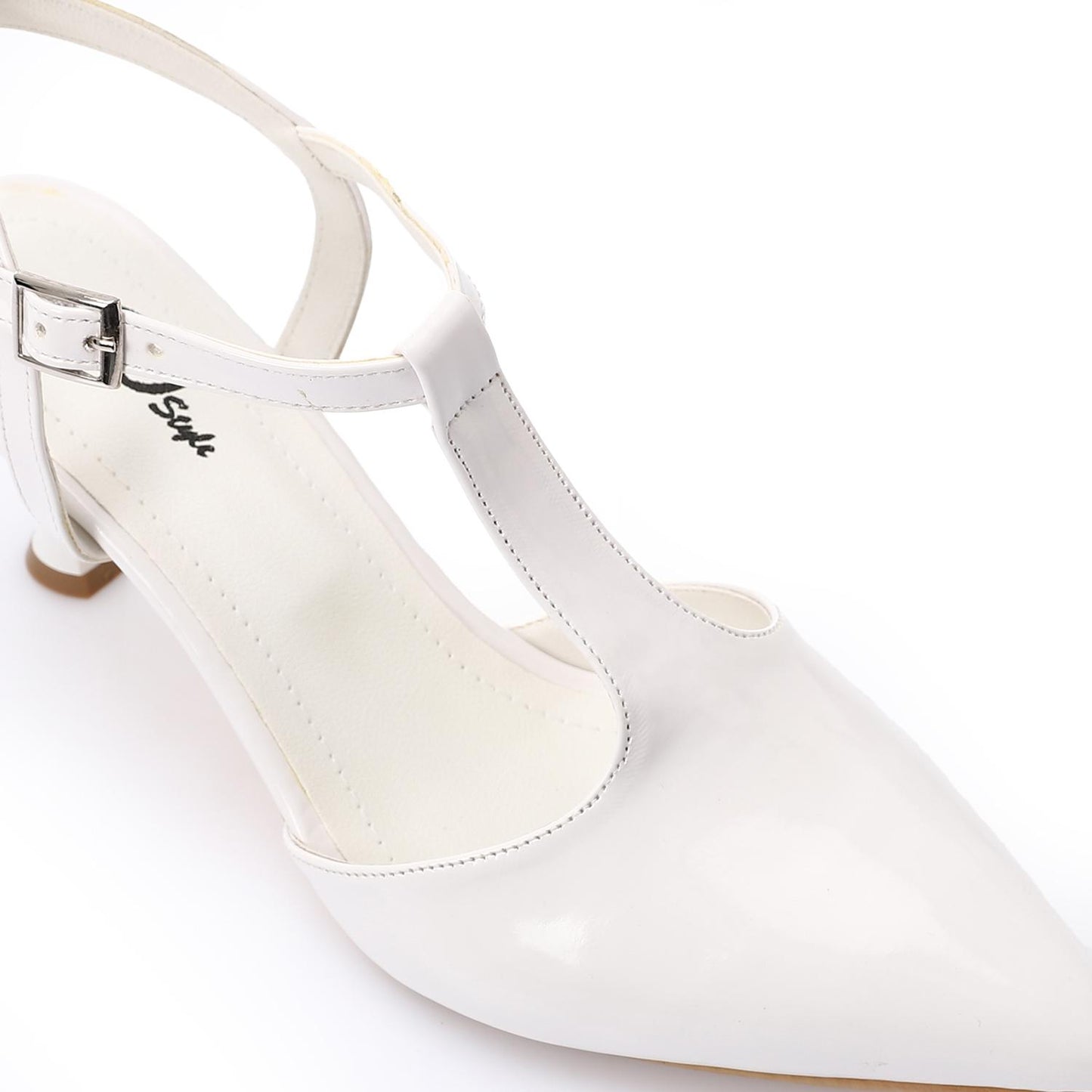 Glossy White T-Strap Heeled Shoes