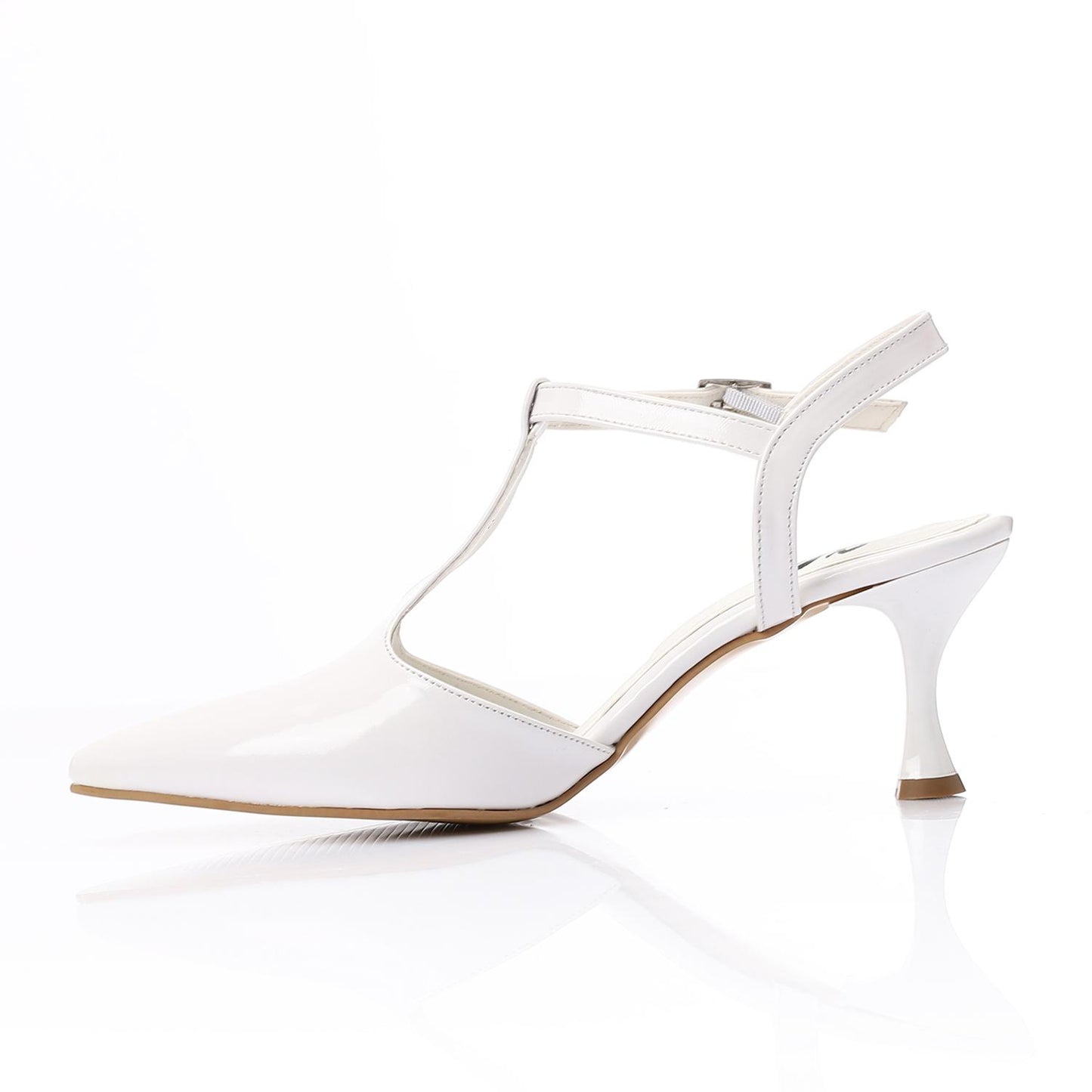 Glossy White T-Strap Heeled Shoes