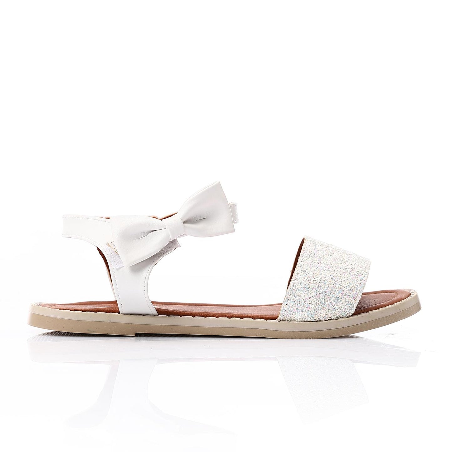 White Glitter Side Bow Flat Sandal for Teen Girls
