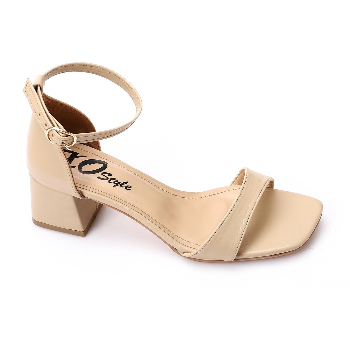 Beige Ankle Strap Block Heel Sandal
