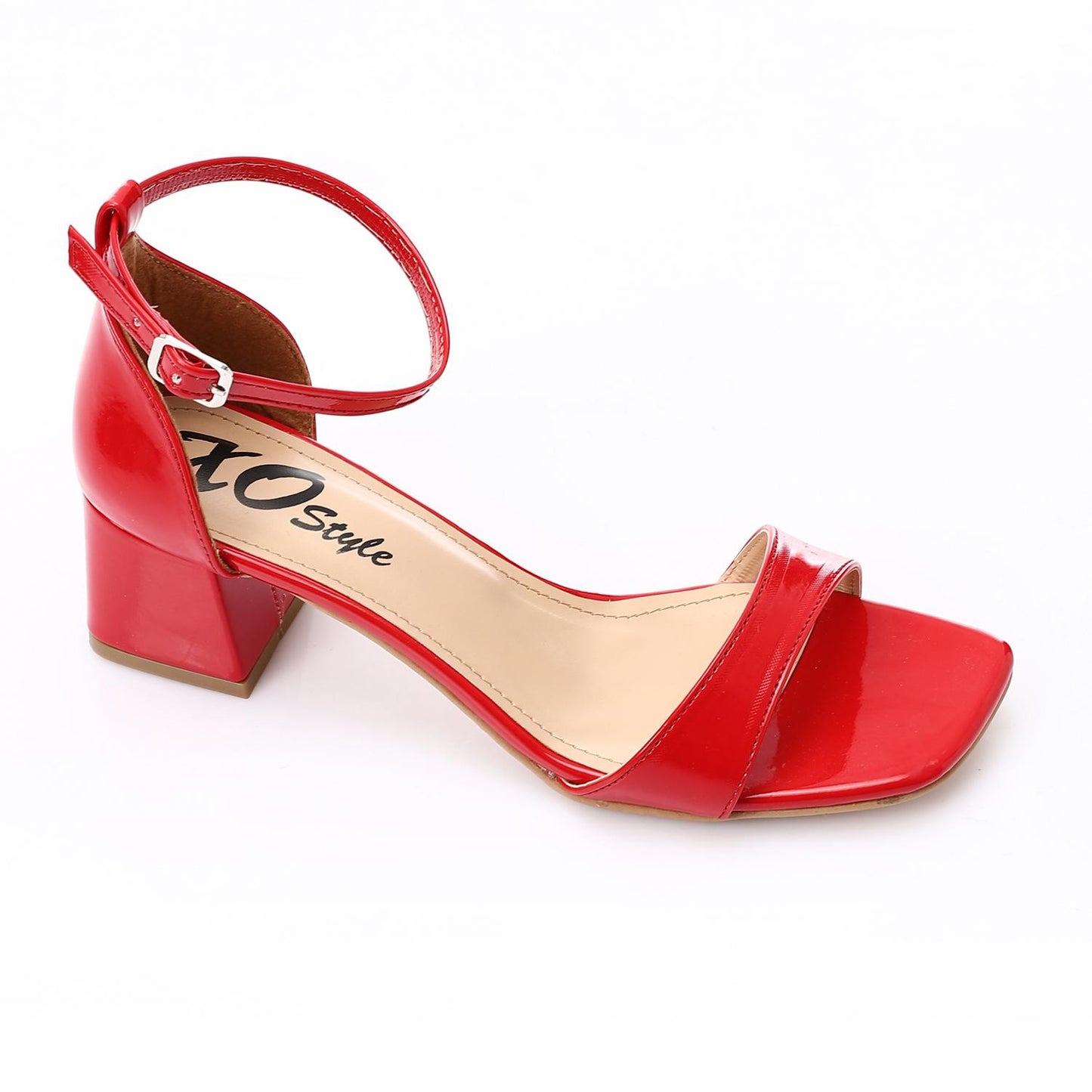 Shiny Red Ankle Strap Block Heel Sandal