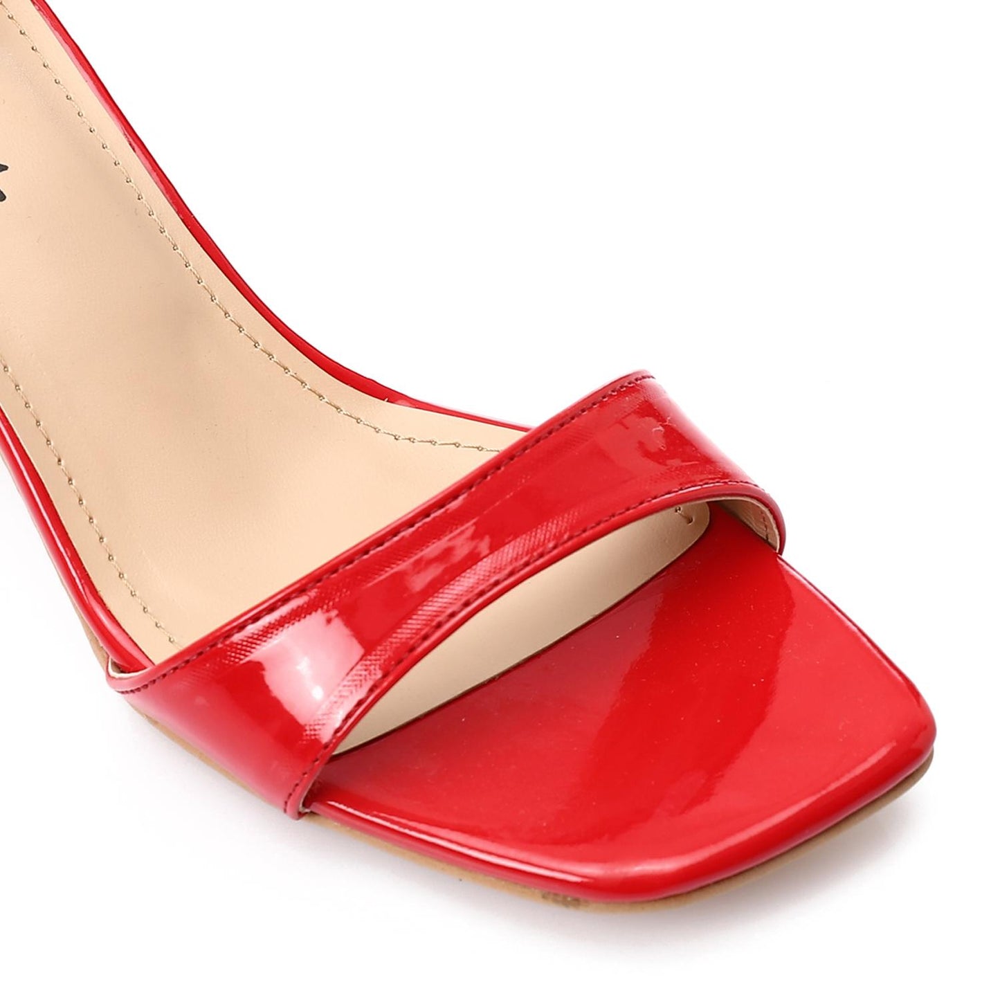 Shiny Red Ankle Strap Block Heel Sandal
