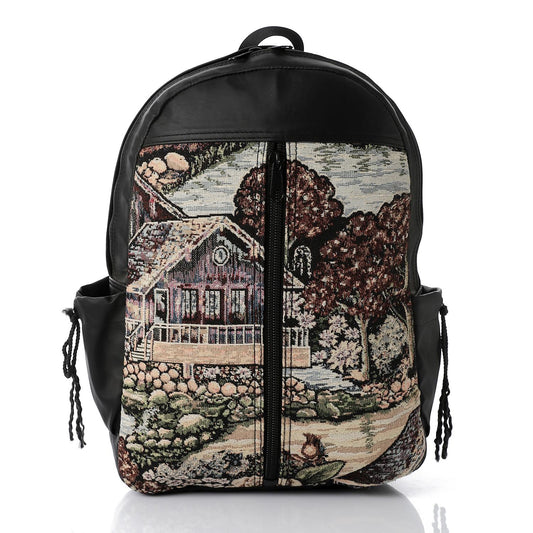 حقيبة ظهر سوداء ذات نقش ذاتي للجنسين