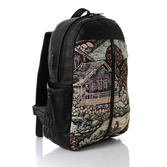 حقيبة ظهر سوداء ذات نقش ذاتي للجنسين