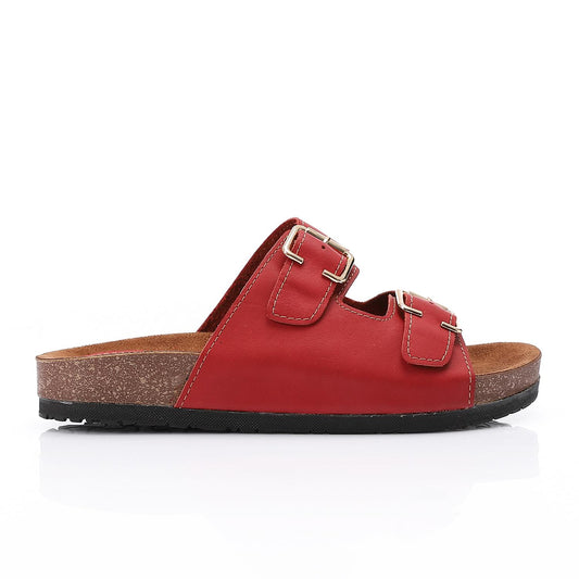 Red Double Buckle Flat Slipper