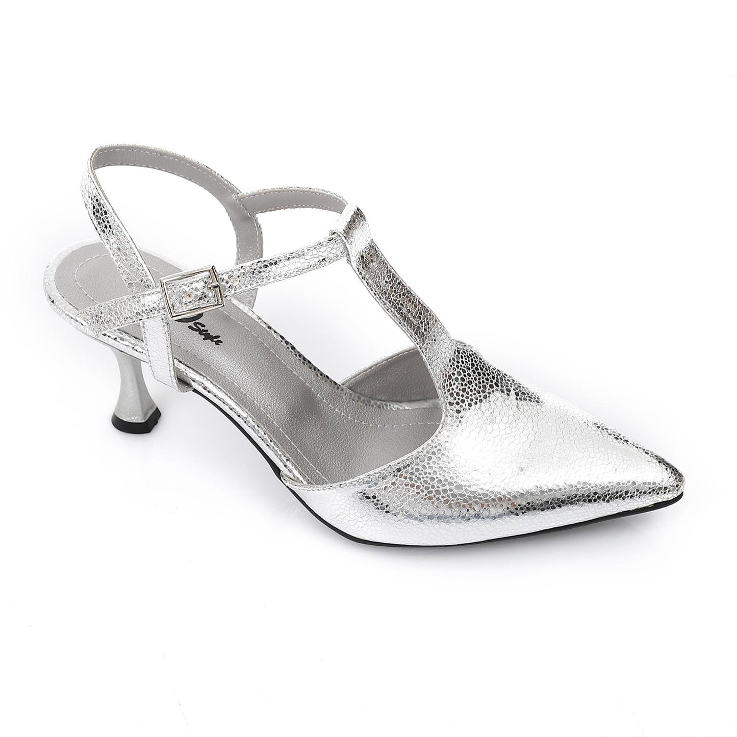 Shiny Silver Leather Pointed Toe Heels