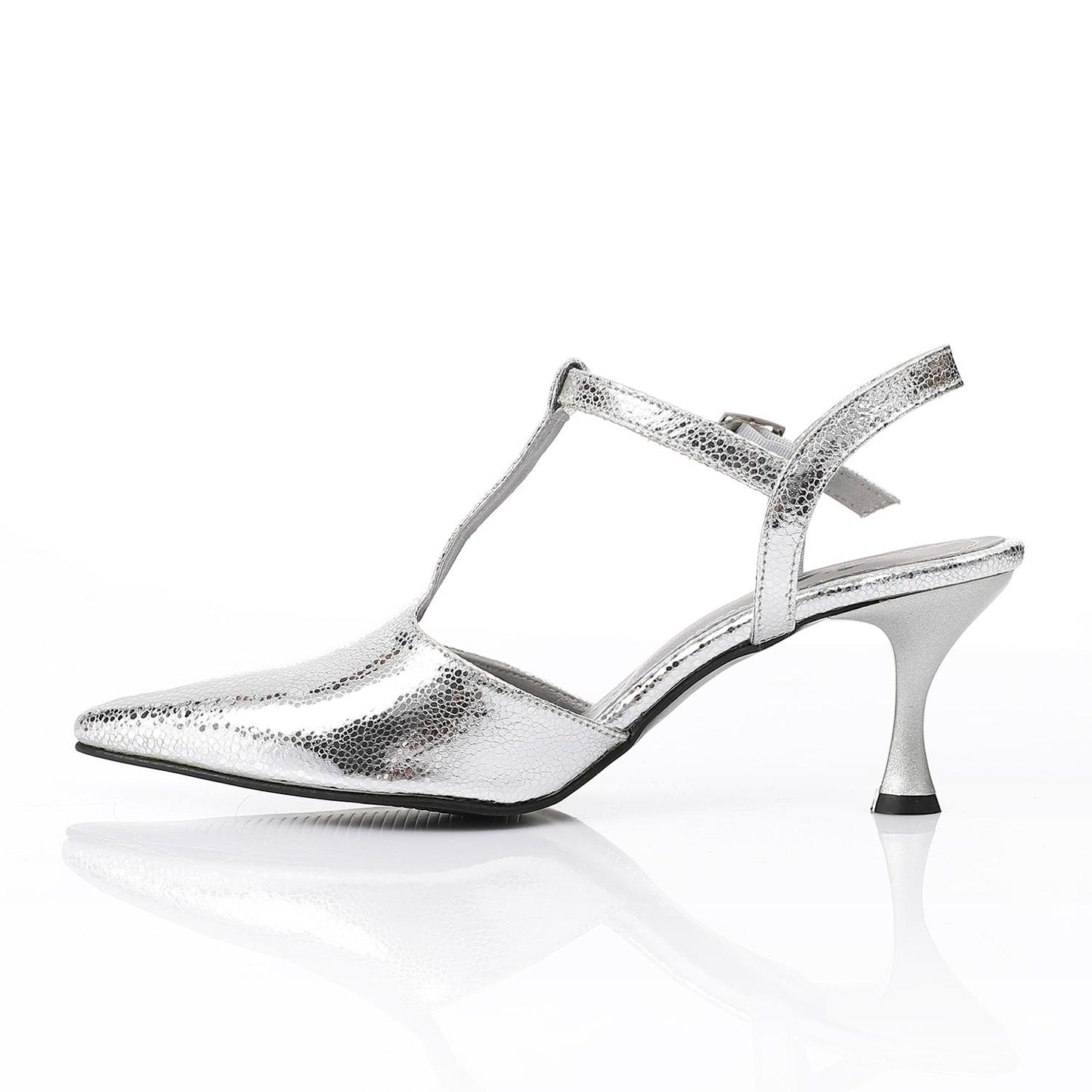 Shiny Silver Leather Pointed Toe Heels