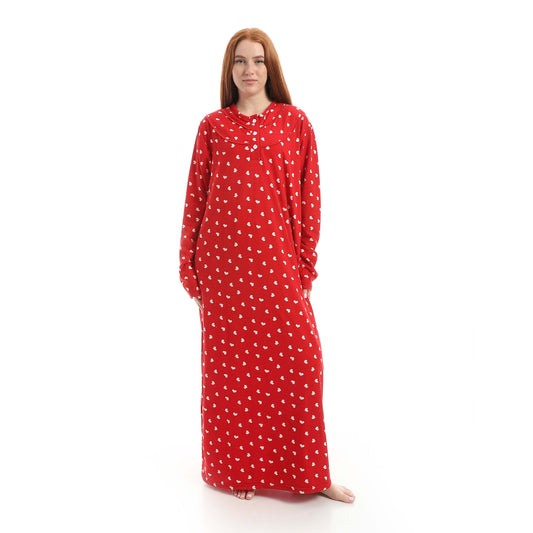 Red Full Printed Long Sleeve Nightgown
