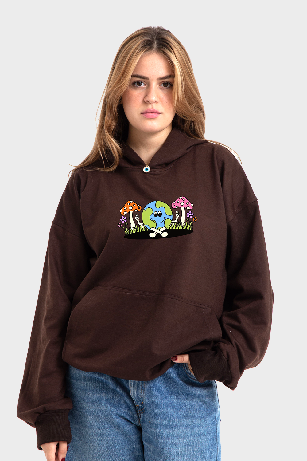 Feature Line Brown Oversized Printed Hoodie