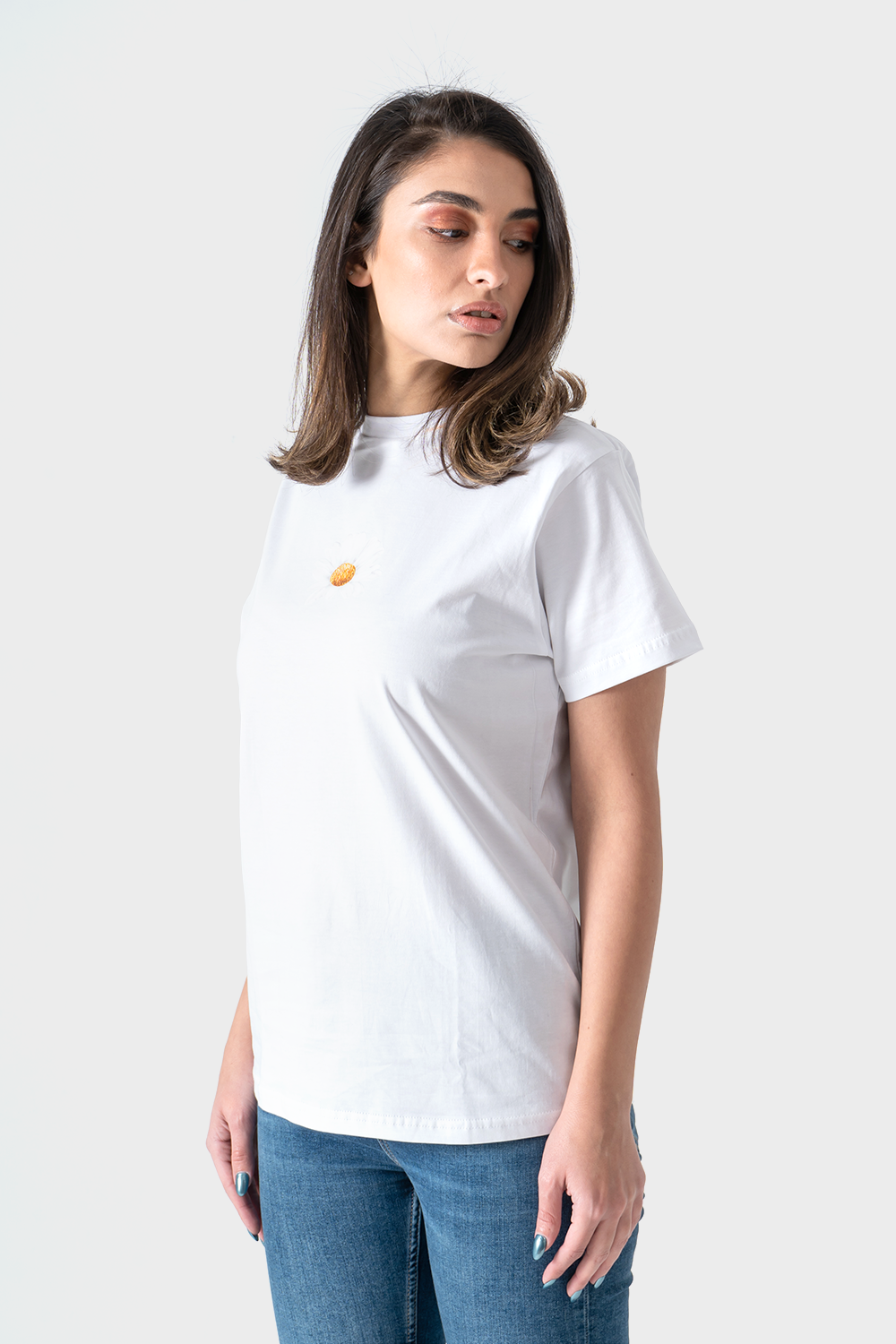 White Sun Flower Printed T-Shirt