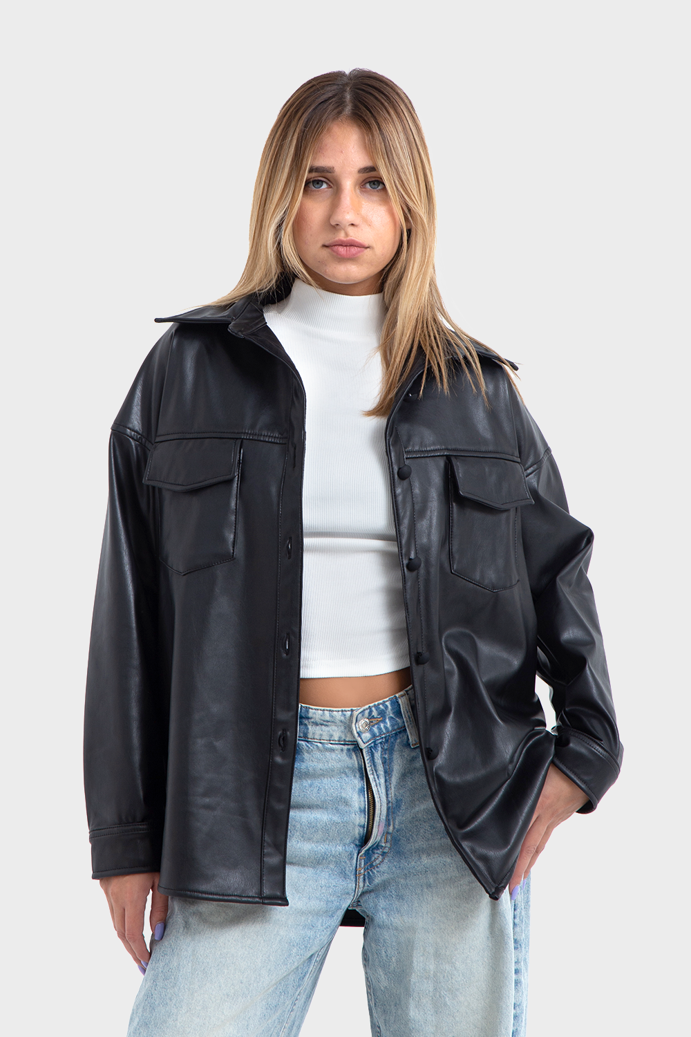 Premium Line Black Oversized Leather Shirt