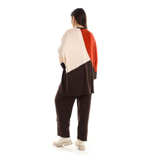 Tri-Tone Top with Plain Pants Set