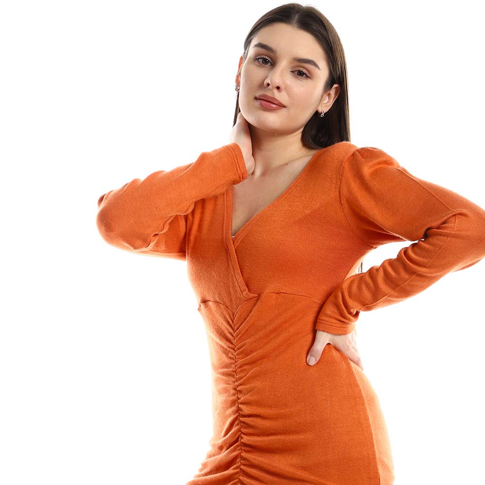 Front Gathered V-Neck Dress