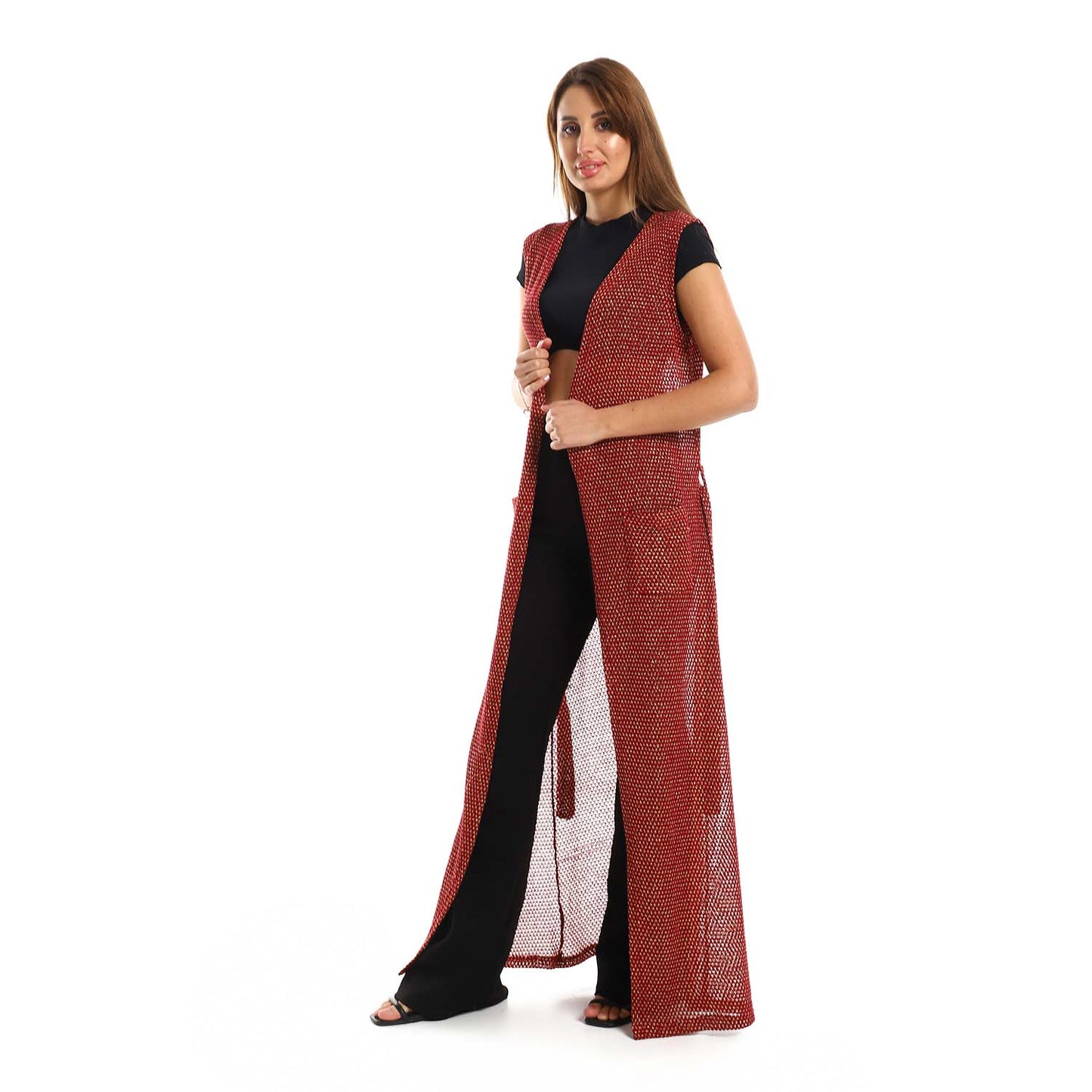 Sleeveles Perforated Long Cardigan