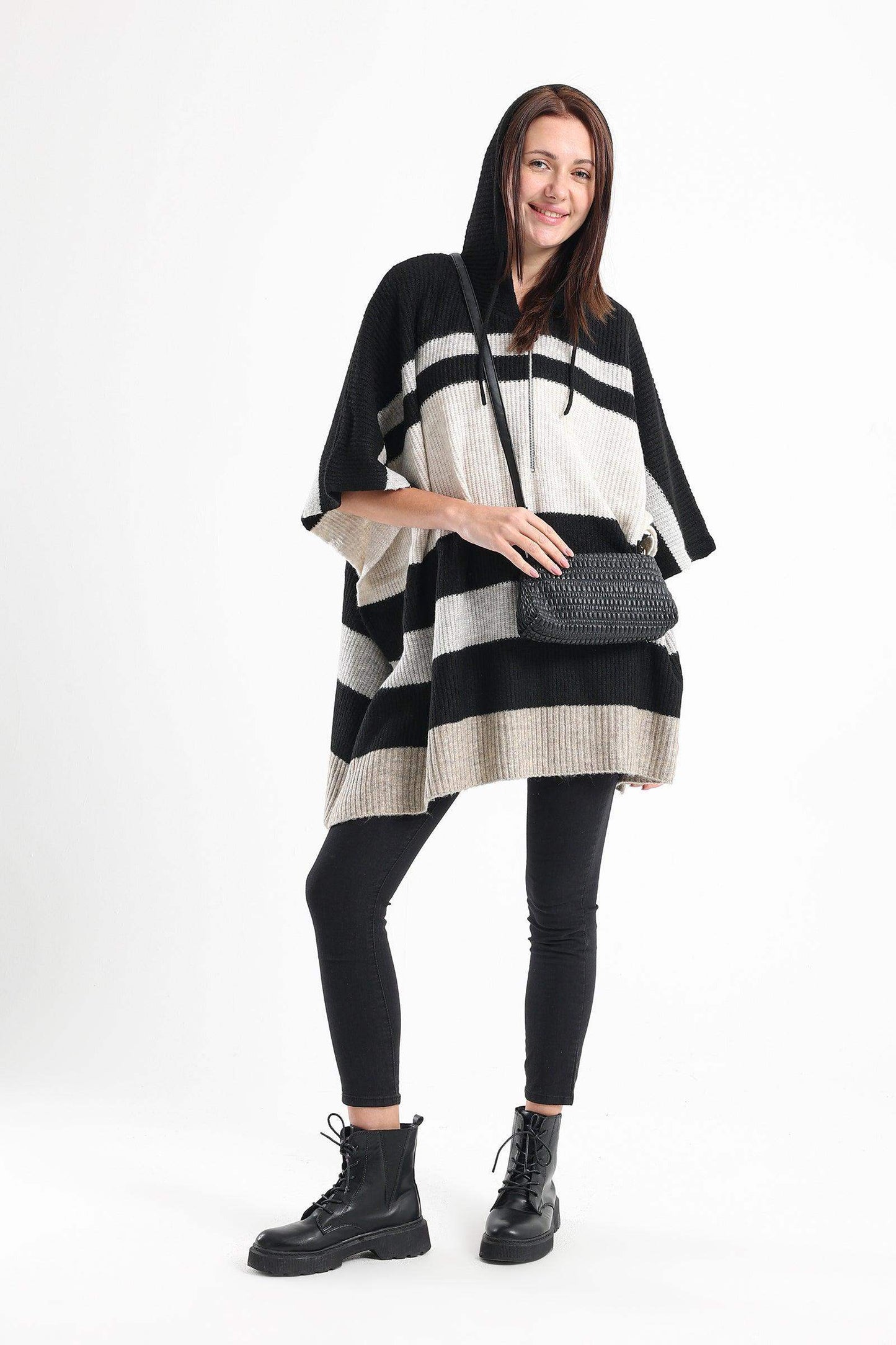 Striped Poncho with Front Zipper