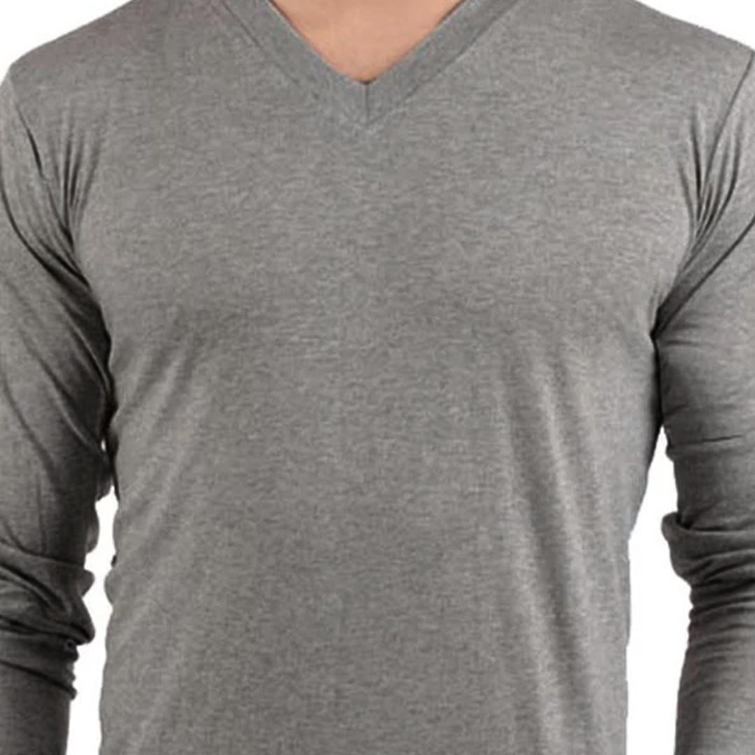 Gray V-Neck Basic T-shirt - تي شيرت رمادي أساسي برقبة على شكل حرف V