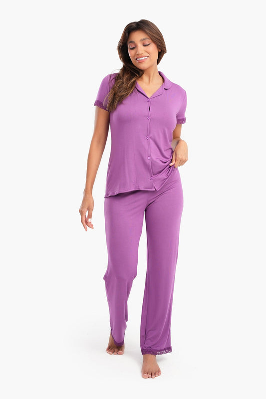 طقم بيجاما بنفسجي كامل الأزرار