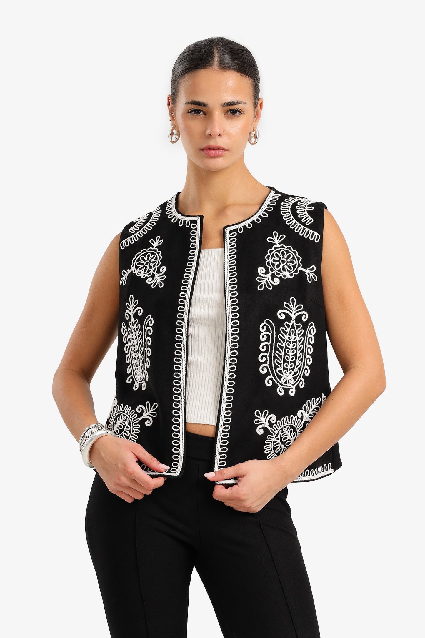 Embroidered Open Vest