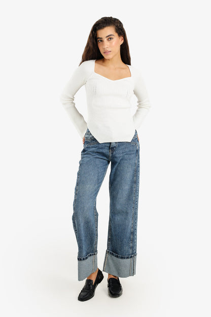 Ribbed Heart Neck Pullover