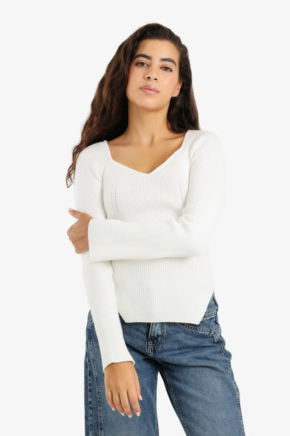 Ribbed Heart Neck Pullover